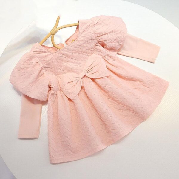 Girls' Solid Color Dress with Bowknot Decor – Elegant & Adorable Outfit - Image 2