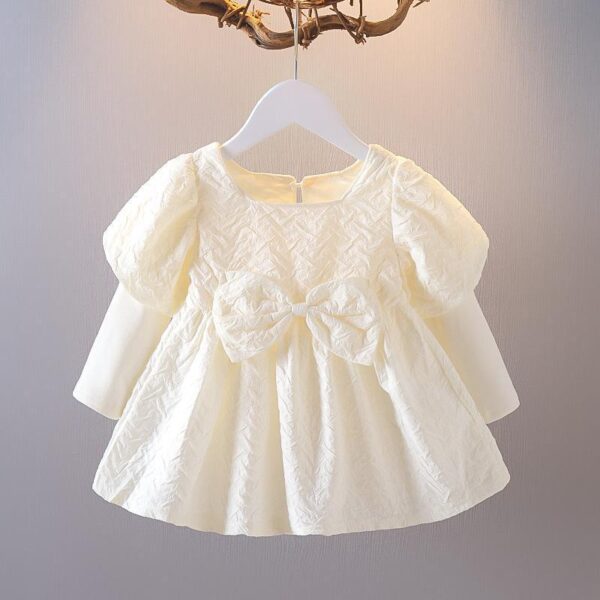 Girls' Solid Color Dress with Bowknot Decor – Elegant & Adorable Outfit - Image 3