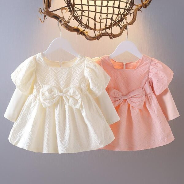 Girls' Solid Color Dress with Bowknot Decor – Elegant & Adorable Outfit