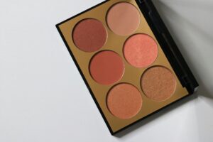 Close-up of a diverse makeup palette featuring shimmery and matte shades, ideal for beauty enthusiasts.